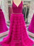 Elegant Tiered Prom Dresses with Slit Spaghetti Strap Lace Applique 24186-Prom Dresses-vigocouture-Fuchsia-Custom Size-vigocouture