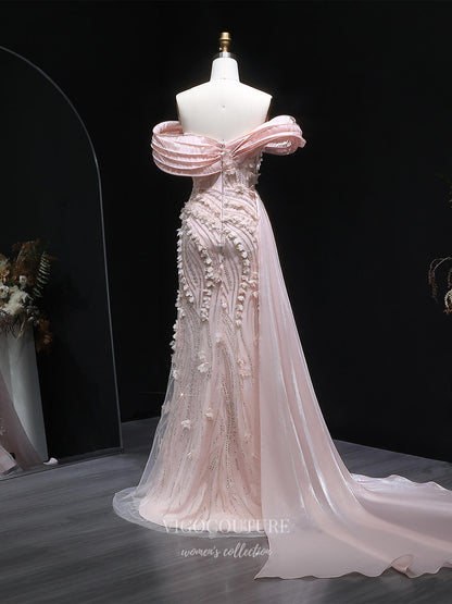 Prom Dresses 2025 to impress Blush Pink Off-Shoulder Beaded Evening Gown with 3D Floral Appliqué, High Slit & Draped Train – 26022-vigocouture-vigocouture