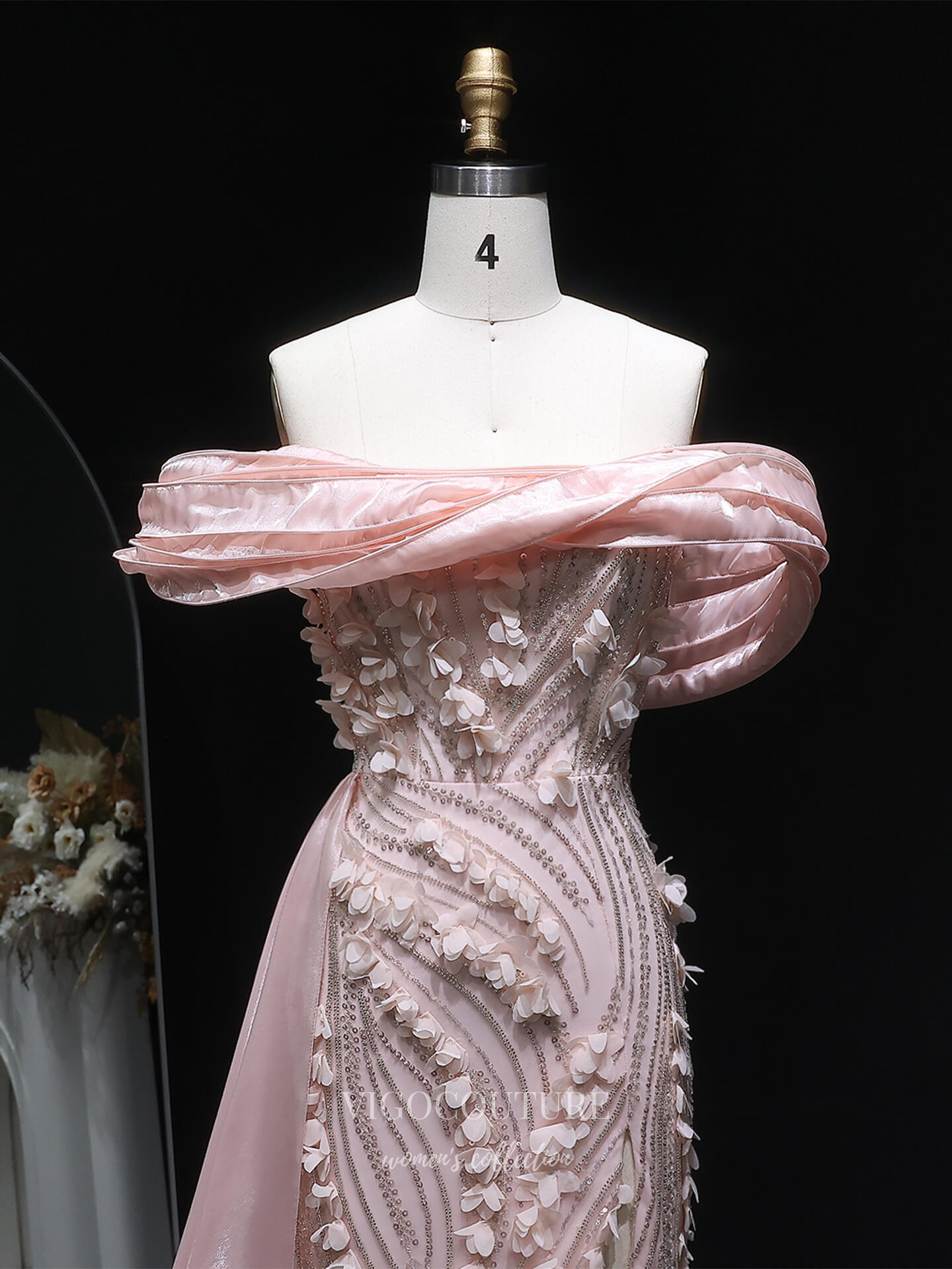 Prom Dresses 2025 to impress Blush Pink Off-Shoulder Beaded Evening Gown with 3D Floral Appliqué, High Slit & Draped Train – 26022-vigocouture-vigocouture