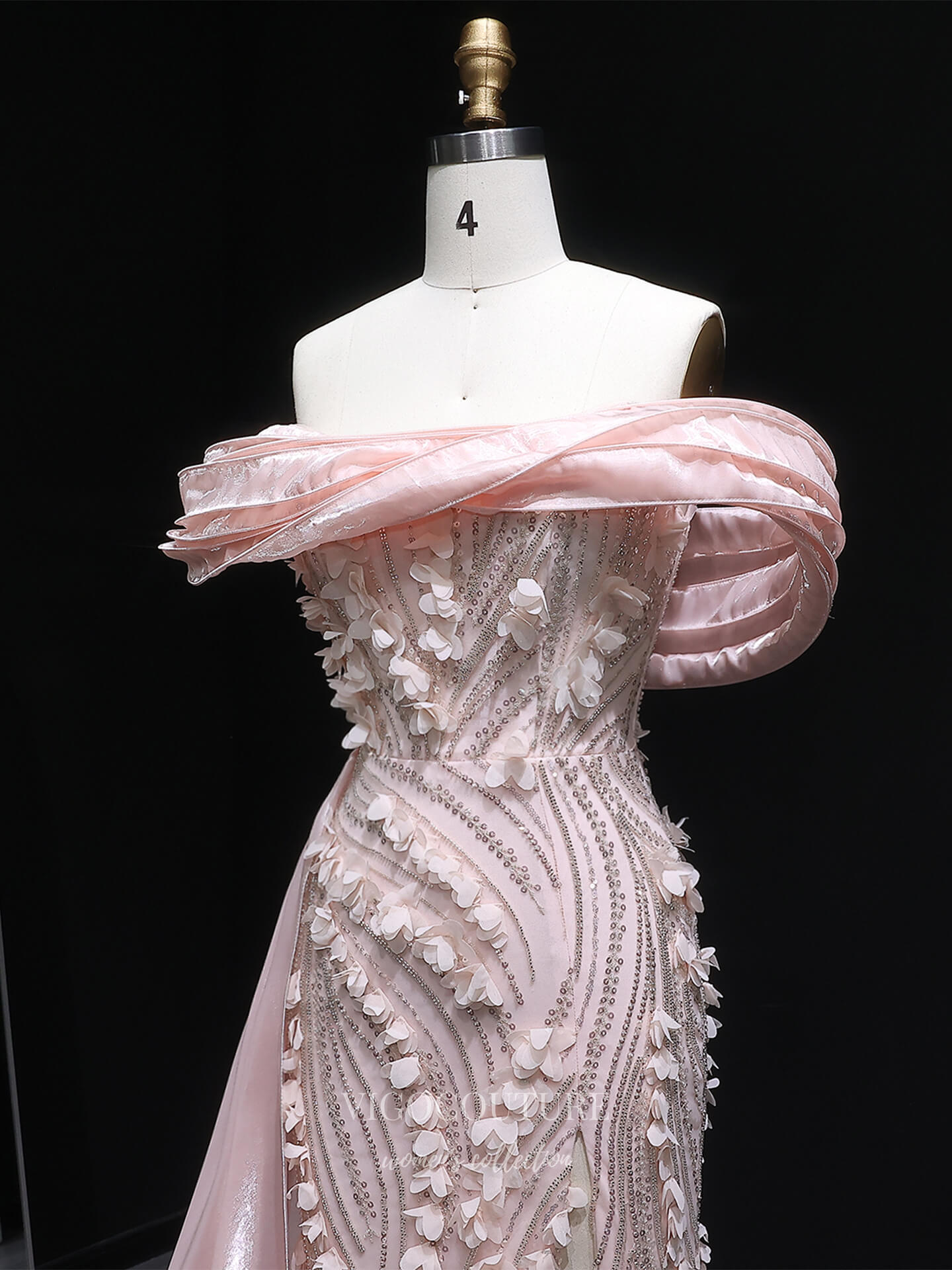 Prom Dresses 2025 to impress Blush Pink Off-Shoulder Beaded Evening Gown with 3D Floral Appliqué, High Slit & Draped Train – 26022-vigocouture-vigocouture