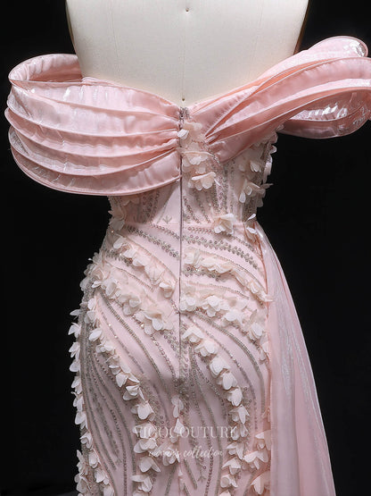 Prom Dresses 2025 to impress Blush Pink Off-Shoulder Beaded Evening Gown with 3D Floral Appliqué, High Slit & Draped Train – 26022-vigocouture-vigocouture