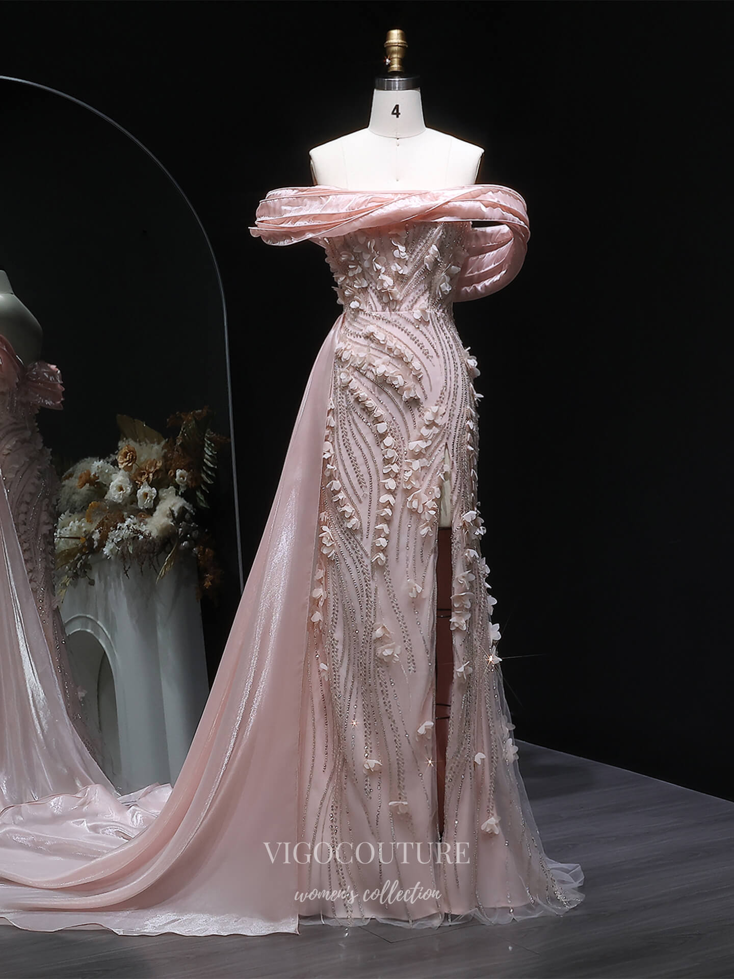 Blush Pink Off-Shoulder Beaded Evening Gown with 3D Floral Appliqué, High Slit & Draped Train – 26016