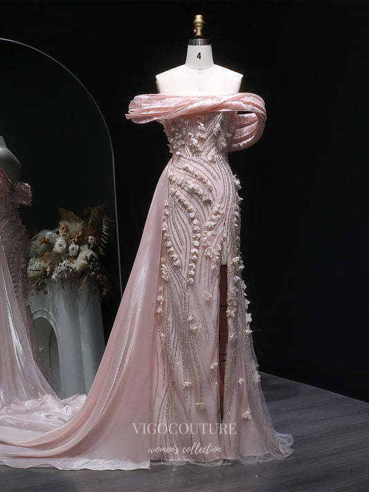 Blush Pink Off-Shoulder Beaded Evening Gown with 3D Floral Appliqué, High Slit & Draped Train – 26016