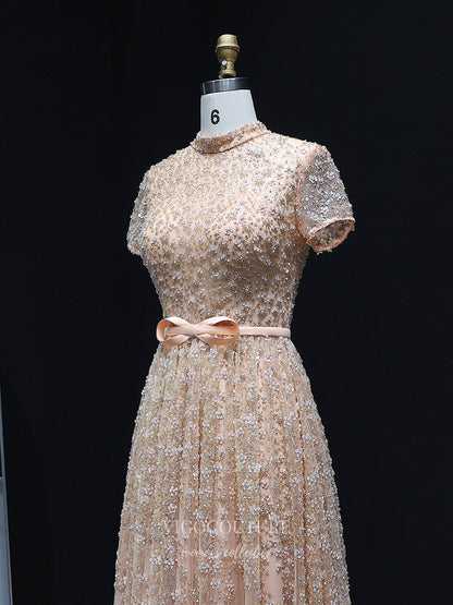 Evening Gown 2025 to impress Champagne Allover Floral Beaded A-Line Evening Gown with High Neck, Short Sleeves & Bow Waist – 26024-vigocouture-vigocouture