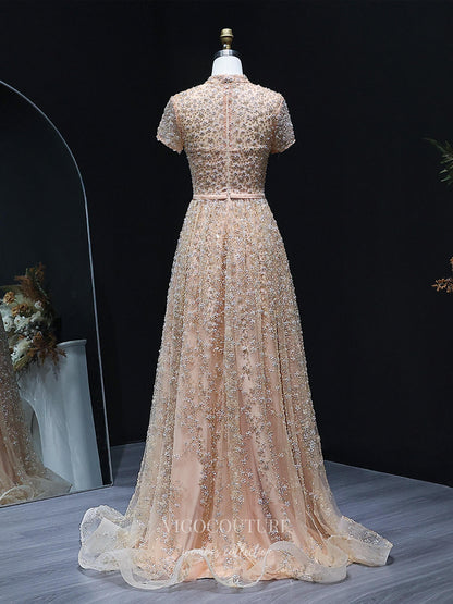 Evening Gown 2025 to impress Champagne Allover Floral Beaded A-Line Evening Gown with High Neck, Short Sleeves & Bow Waist – 26024-vigocouture-vigocouture