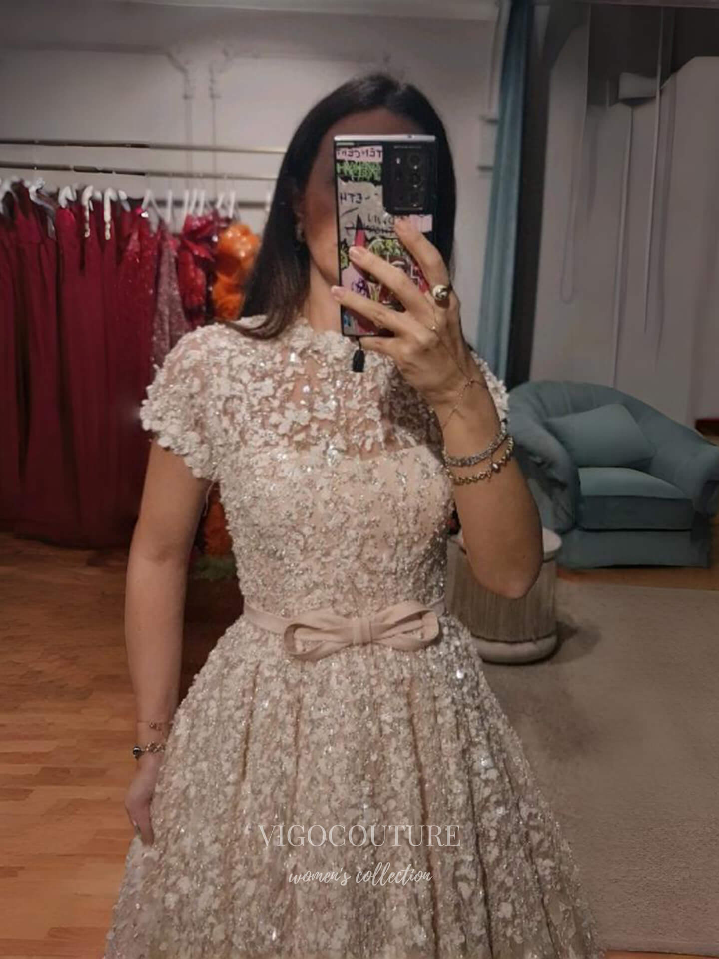 Evening Gown 2025 to impress Champagne Allover Floral Beaded A-Line Evening Gown with High Neck, Short Sleeves & Bow Waist – 26024-vigocouture-vigocouture