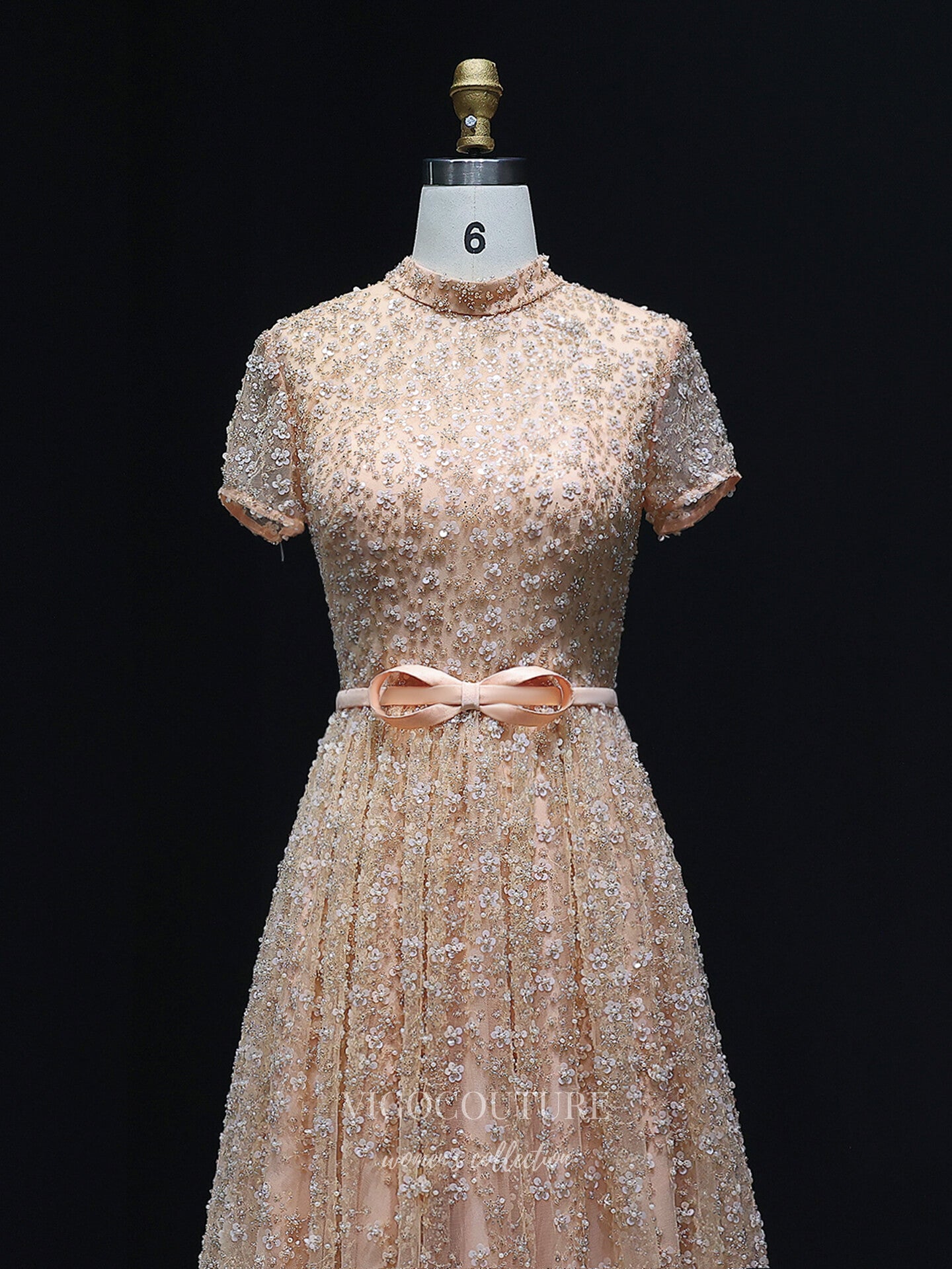 Evening Gown 2025 to impress Champagne Allover Floral Beaded A-Line Evening Gown with High Neck, Short Sleeves & Bow Waist – 26024-vigocouture-vigocouture