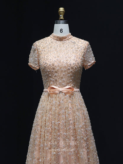 Evening Gown 2025 to impress Champagne Allover Floral Beaded A-Line Evening Gown with High Neck, Short Sleeves & Bow Waist – 26024-vigocouture-vigocouture