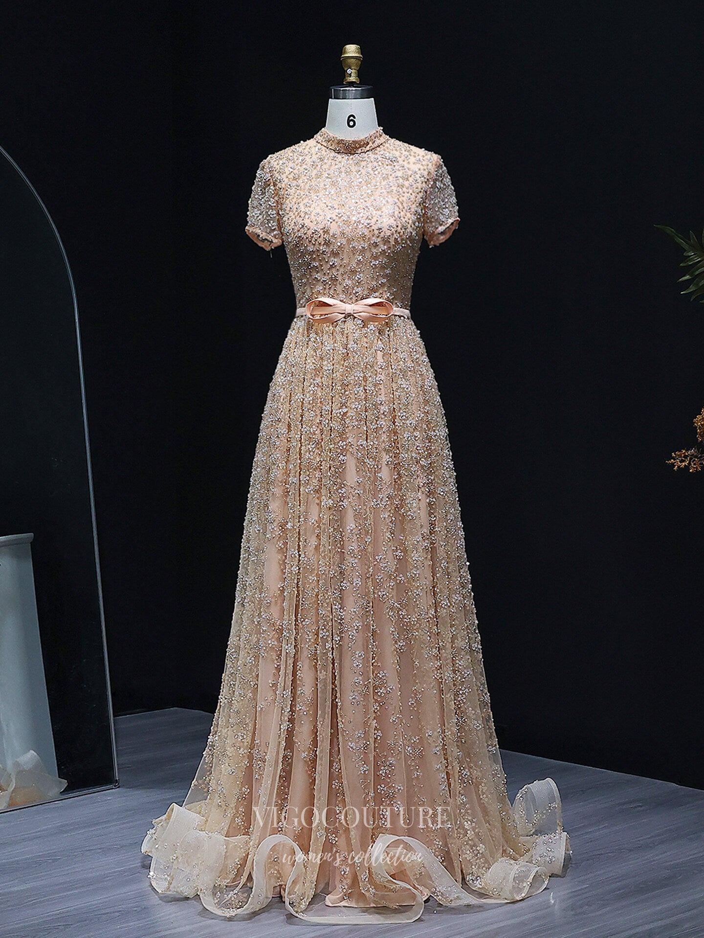 Champagne Allover Floral Beaded A-Line Evening Gown with High Neck, Short Sleeves & Bow Waist – 26024