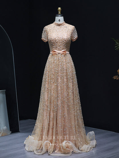 Champagne Allover Floral Beaded A-Line Evening Gown with High Neck, Short Sleeves & Bow Waist – 26024