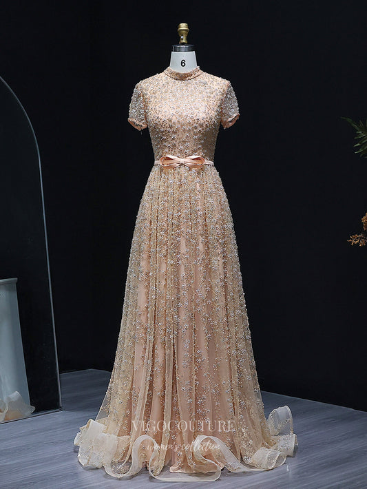 Champagne Allover Floral Beaded A-Line Evening Gown with High Neck, Short Sleeves & Bow Waist – 26024