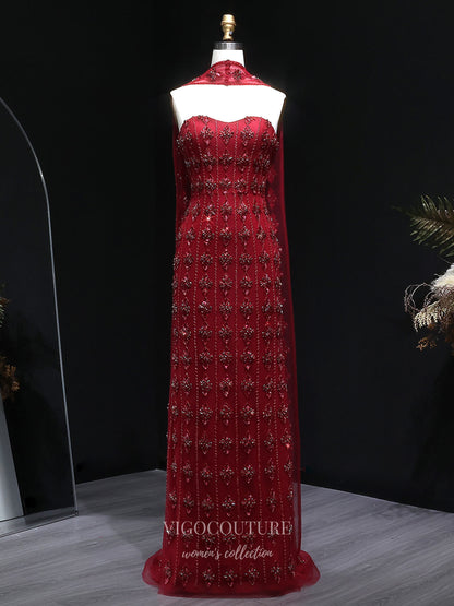 Evening Gown 2025 to impress Champagne Allover Floral Beaded Sheath Evening Gown with Sheer Cape Overlay – 26033-vigocouture-Burgundy-US2-vigocouture