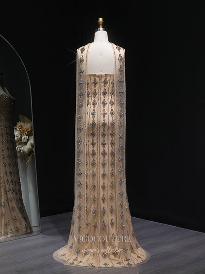 Evening Gown 2025 to impress Champagne Allover Floral Beaded Sheath Evening Gown with Sheer Cape Overlay – 26033-vigocouture-vigocouture