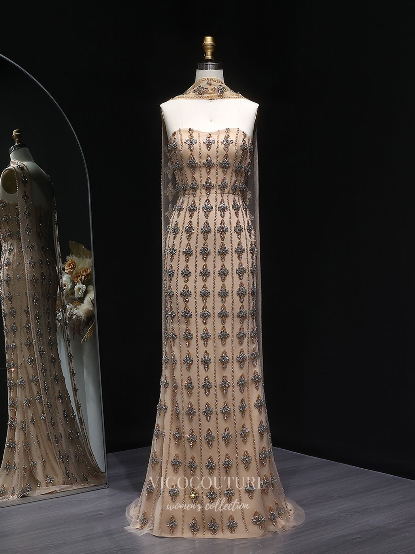 Champagne Allover Floral Beaded Sheath Evening Gown with Sheer Cape Overlay – 26033