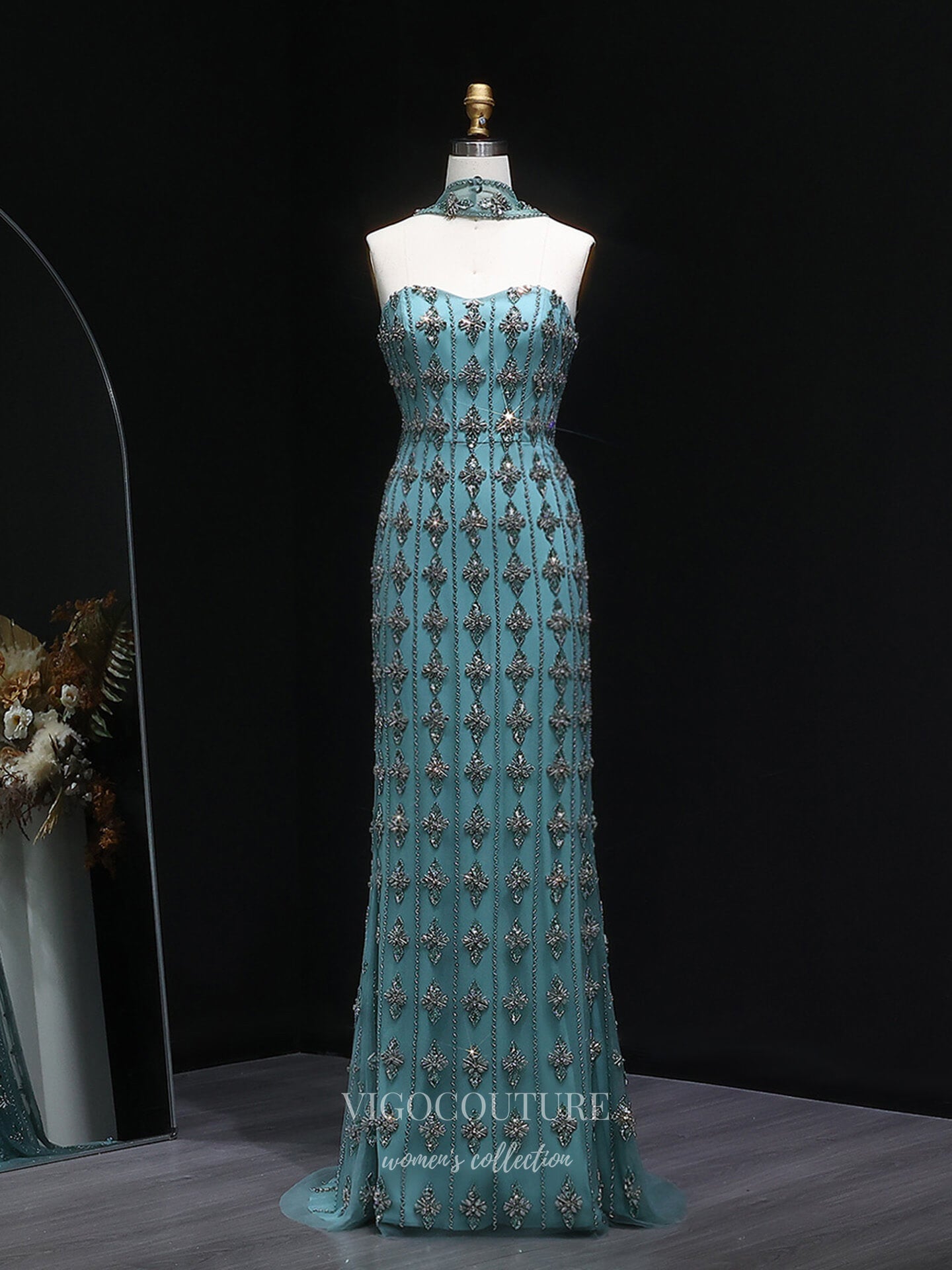 Evening Gown 2025 to impress Champagne Allover Floral Beaded Sheath Evening Gown with Sheer Cape Overlay – 26033-vigocouture-Teal-US2-vigocouture