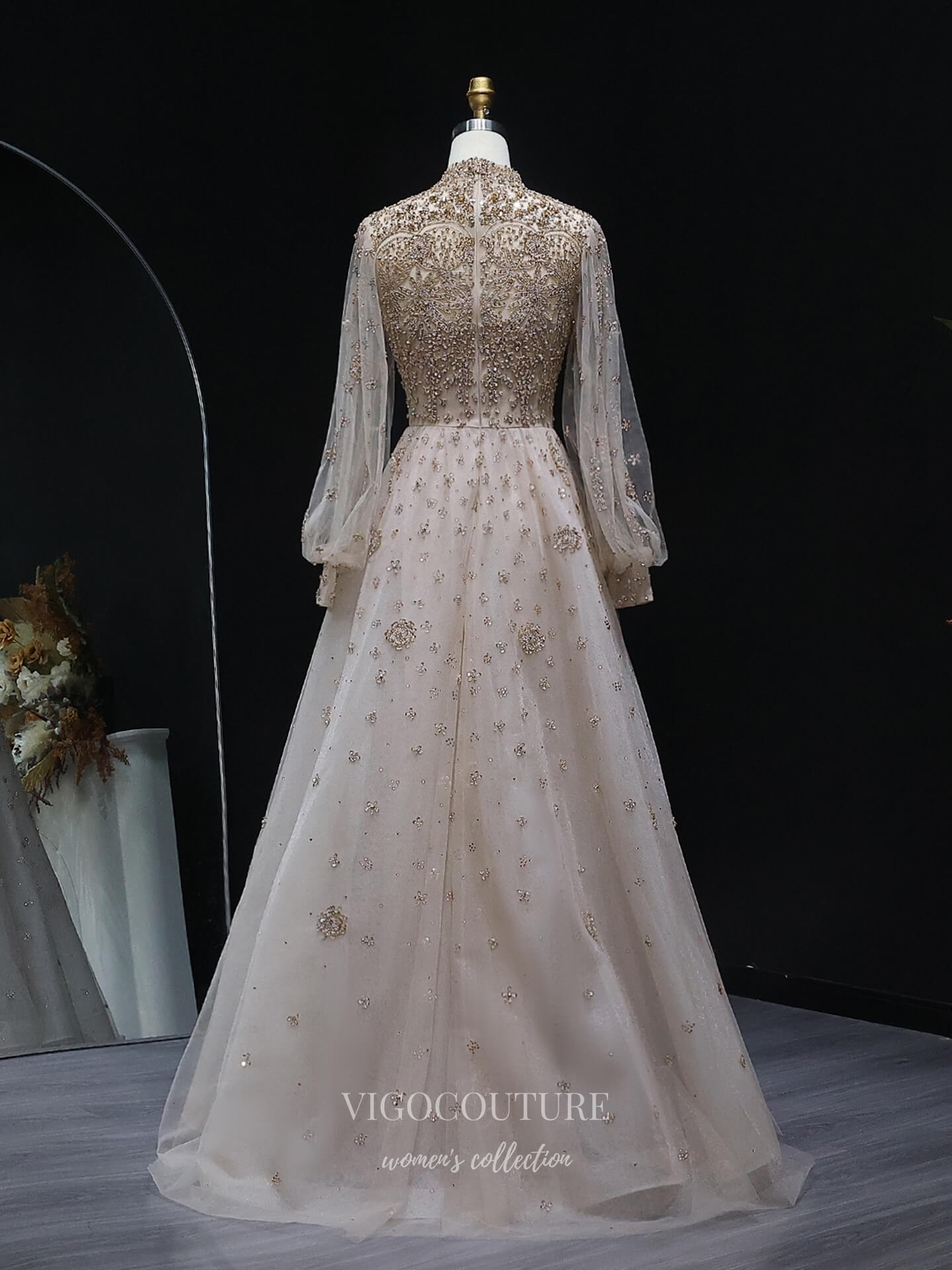 Evening Gown 2025 to impress Champagne Beaded High Neck A-Line Evening Gown with Illusion Long Sleeves & Embellished Tulle Skirt – 26035-vigocouture-vigocouture
