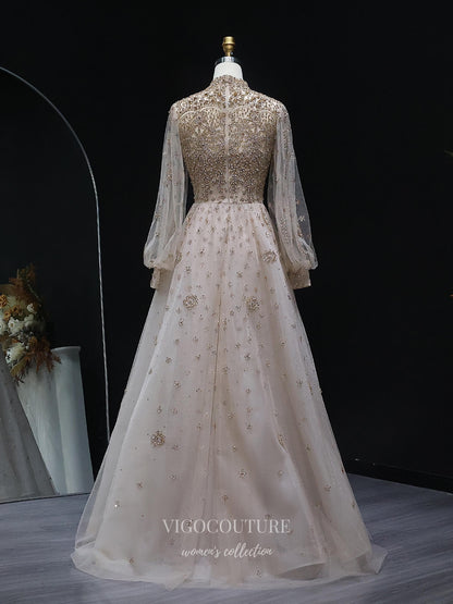 Evening Gown 2025 to impress Champagne Beaded High Neck A-Line Evening Gown with Illusion Long Sleeves & Embellished Tulle Skirt – 26035-vigocouture-vigocouture