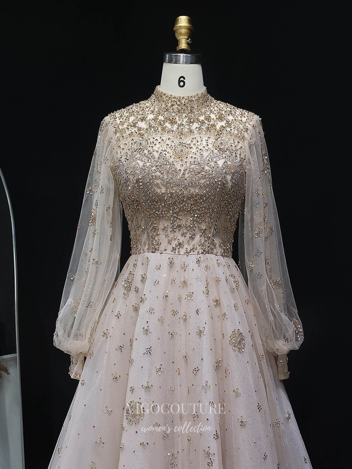 Evening Gown 2025 to impress Champagne Beaded High Neck A-Line Evening Gown with Illusion Long Sleeves & Embellished Tulle Skirt – 26035-vigocouture-vigocouture