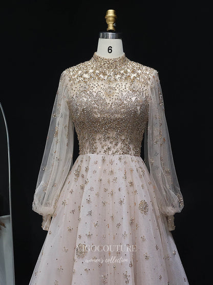 Evening Gown 2025 to impress Champagne Beaded High Neck A-Line Evening Gown with Illusion Long Sleeves & Embellished Tulle Skirt – 26035-vigocouture-vigocouture