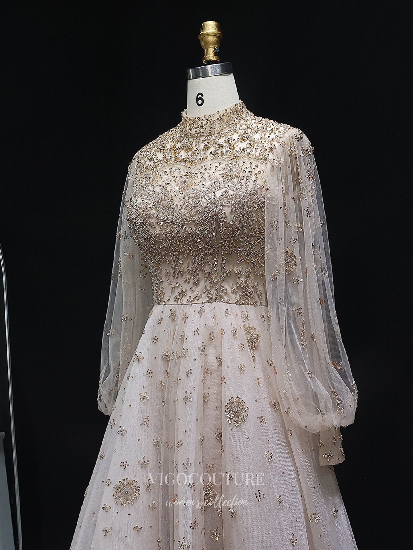 Evening Gown 2025 to impress Champagne Beaded High Neck A-Line Evening Gown with Illusion Long Sleeves & Embellished Tulle Skirt – 26035-vigocouture-vigocouture