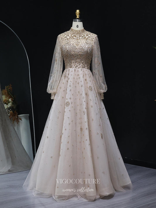 Champagne Beaded High Neck A-Line Evening Gown with Illusion Long Sleeves & Embellished Tulle Skirt – 26035