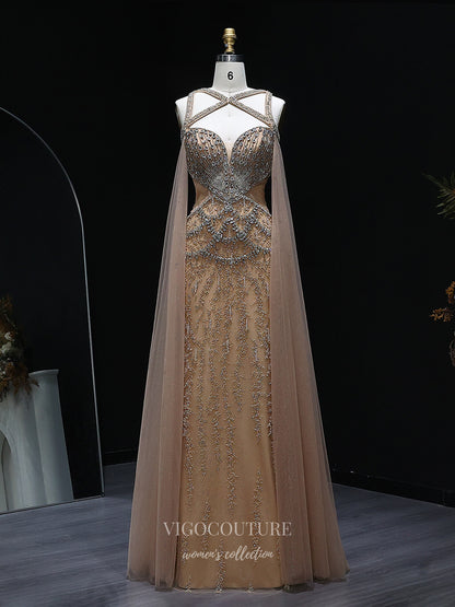 Champagne Beaded Sheath Evening Gown with Illusion Crisscross Neckline, Open Back & Cape Panels – 26038