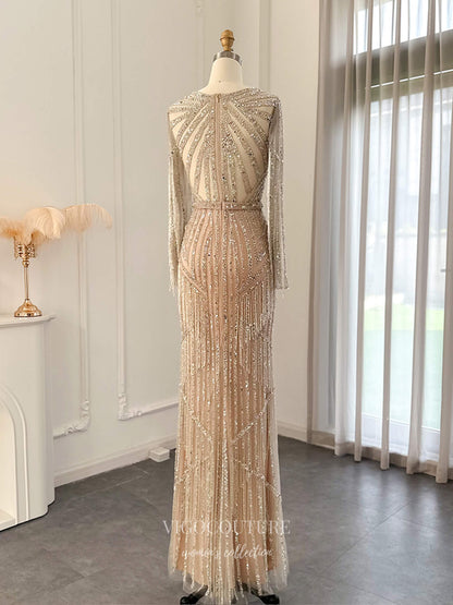 Evening Gown 2025 to impress Champagne Gold Beaded Sheath Evening Gown with Long Sleeves & Illusion Neckline – 26037-vigocouture-vigocouture