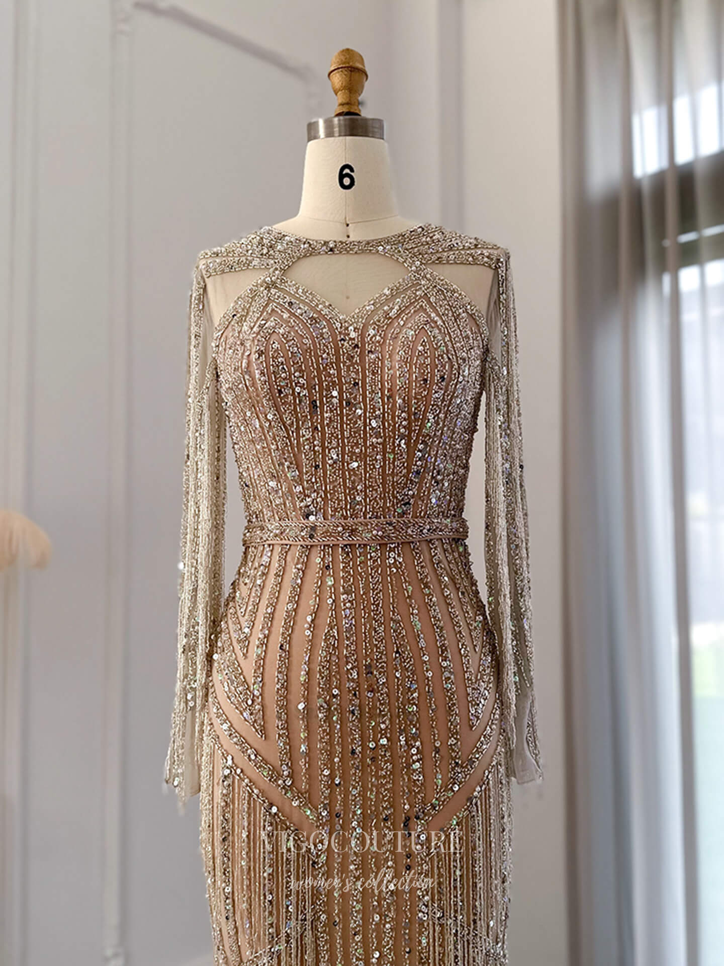 Evening Gown 2025 to impress Champagne Gold Beaded Sheath Evening Gown with Long Sleeves & Illusion Neckline – 26037-vigocouture-vigocouture