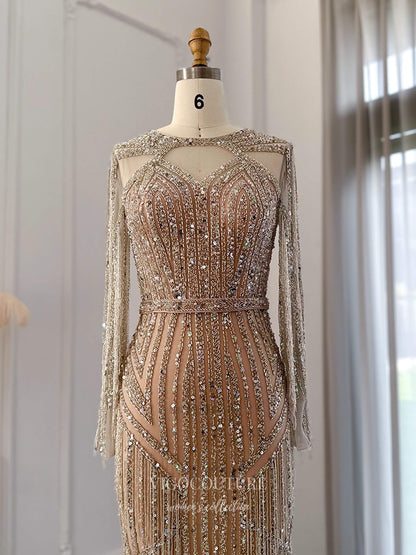 Evening Gown 2025 to impress Champagne Gold Beaded Sheath Evening Gown with Long Sleeves & Illusion Neckline – 26037-vigocouture-vigocouture