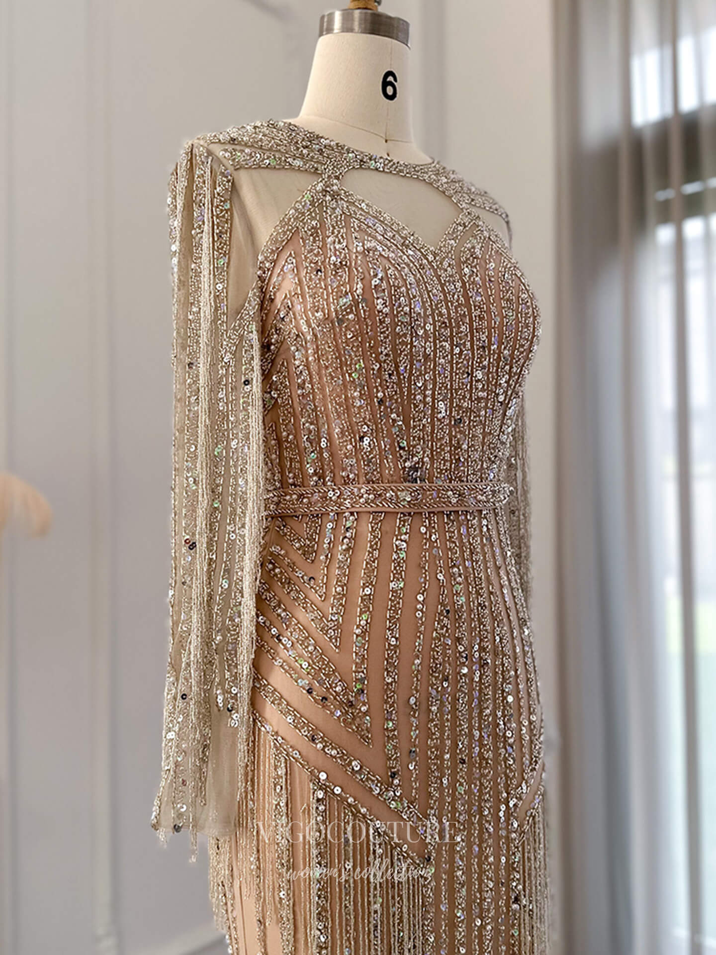 Evening Gown 2025 to impress Champagne Gold Beaded Sheath Evening Gown with Long Sleeves & Illusion Neckline – 26037-vigocouture-vigocouture