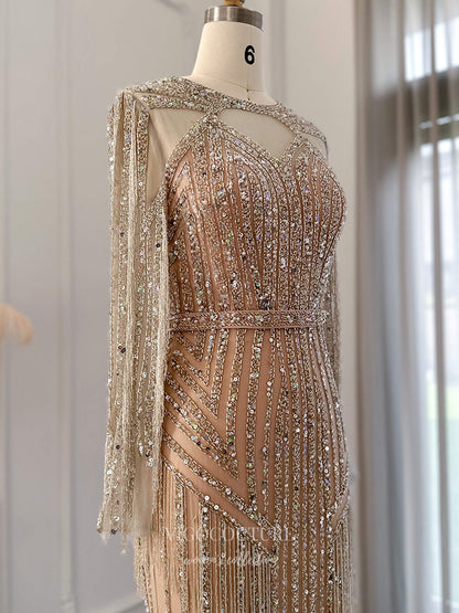Evening Gown 2025 to impress Champagne Gold Beaded Sheath Evening Gown with Long Sleeves & Illusion Neckline – 26037-vigocouture-vigocouture
