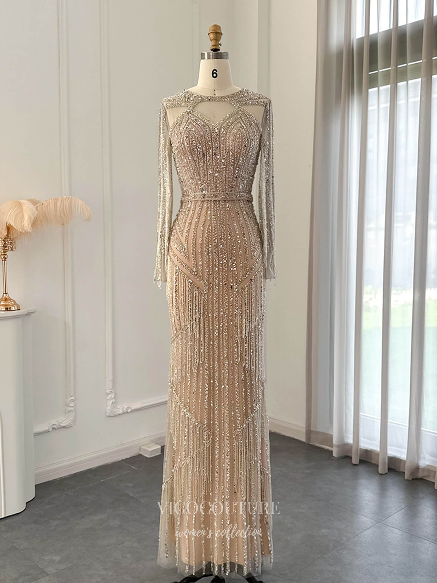 Champagne Gold Beaded Sheath Evening Gown with Illusion Neckline & Long Sleeves – 26037