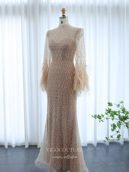 Evening Gown 2025 to impress Champagne Illusion High Neck Sheath Evening Dress with Allover Beaded Mesh & Feather Cuff Sleeves – 26034-vigocouture-vigocouture