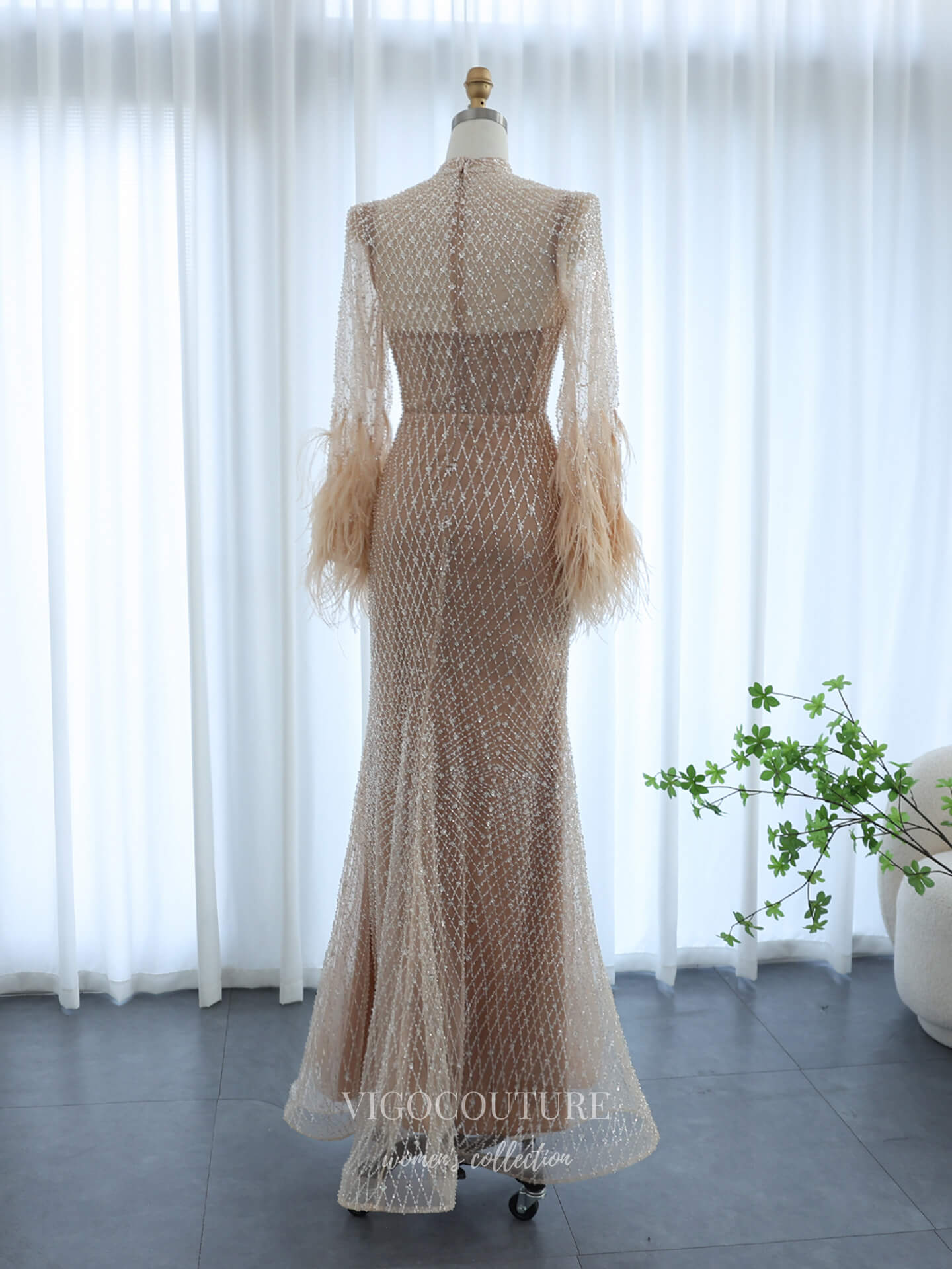 Evening Gown 2025 to impress Champagne Illusion High Neck Sheath Evening Dress with Allover Beaded Mesh & Feather Cuff Sleeves – 26034-vigocouture-vigocouture