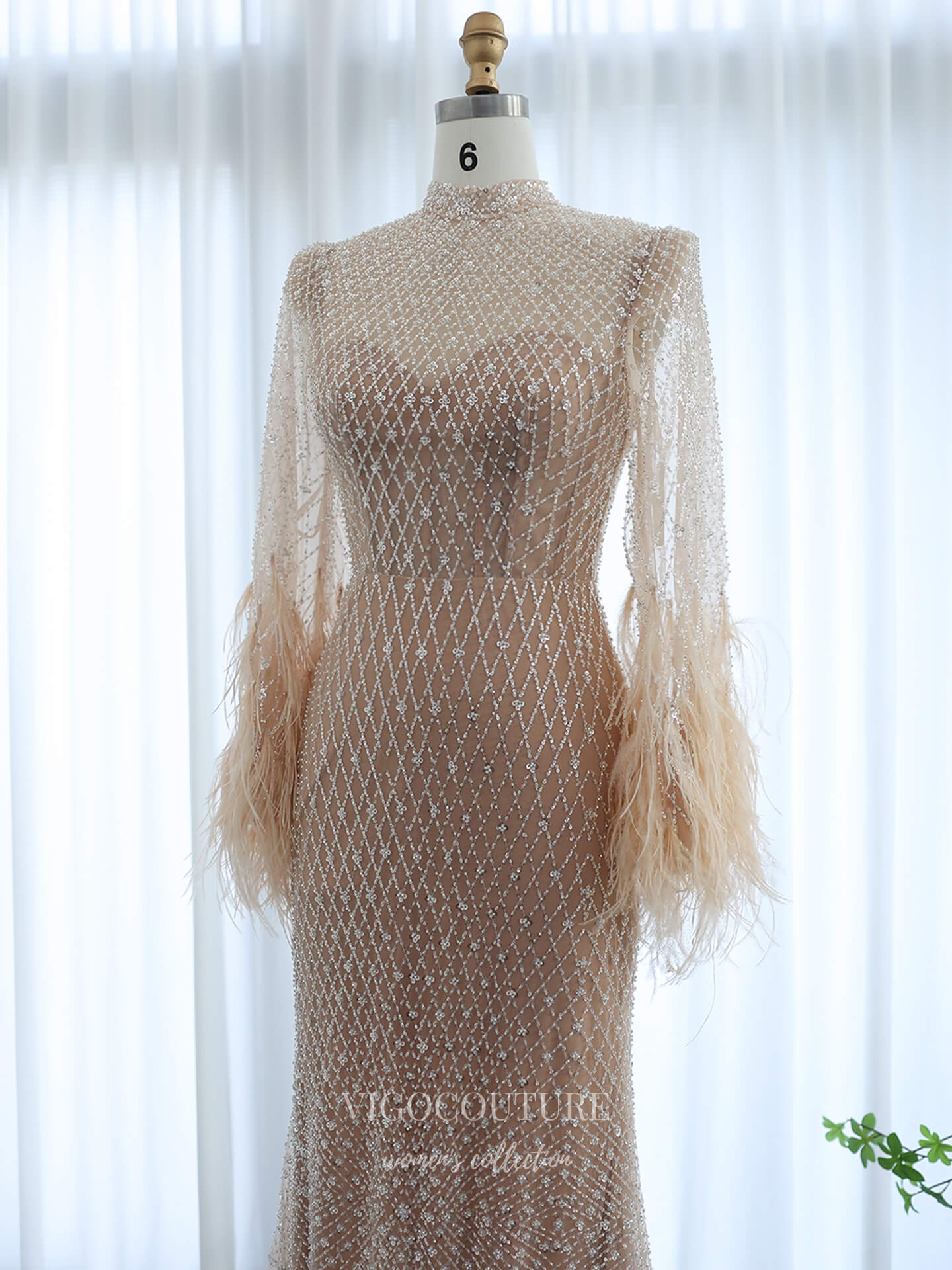Evening Gown 2025 to impress Champagne Illusion High Neck Sheath Evening Dress with Allover Beaded Mesh & Feather Cuff Sleeves – 26034-vigocouture-vigocouture