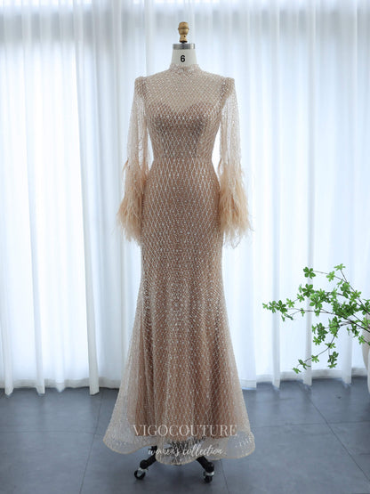 Champagne Illusion High Neck Sheath Evening Dress with Allover Beaded Mesh & Feather Cuff Sleeves – 26034