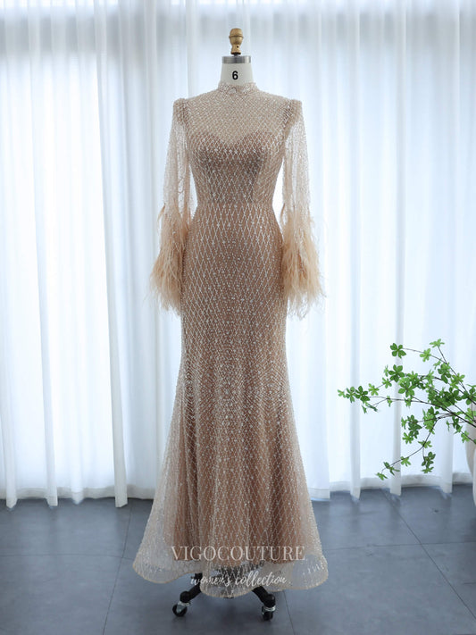Champagne Illusion High Neck Sheath Evening Dress with Allover Beaded Mesh & Feather Cuff Sleeves – 26034