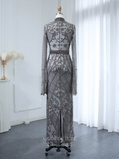 Evening Gown 2025 to impress Charcoal Gray Beaded Sheath Evening Gown with Long Sleeves, Illusion Bodice & Art Deco Beading – 26039-vigocouture-vigocouture