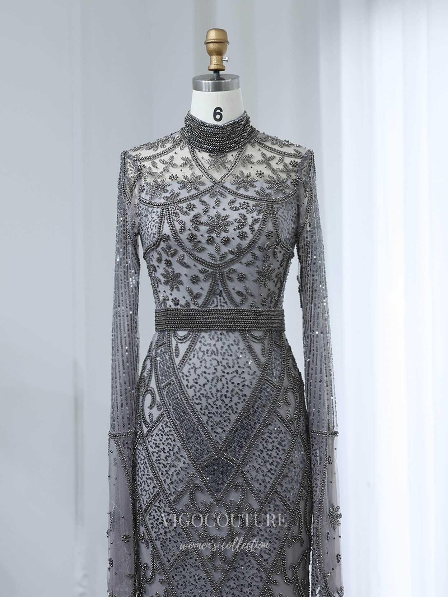 Evening Gown 2025 to impress Charcoal Gray Beaded Sheath Evening Gown with Long Sleeves, Illusion Bodice & Art Deco Beading – 26039-vigocouture-vigocouture