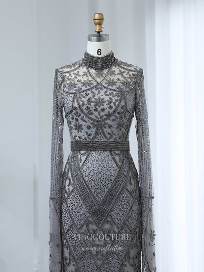 Evening Gown 2025 to impress Charcoal Gray Beaded Sheath Evening Gown with Long Sleeves, Illusion Bodice & Art Deco Beading – 26039-vigocouture-vigocouture