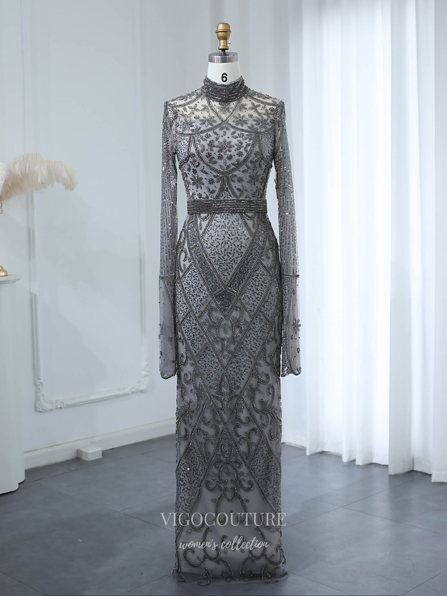 Charcoal Gray Beaded Sheath Evening Gown with Long Sleeves, Illusion Bodice & Art Deco Beading – 26039