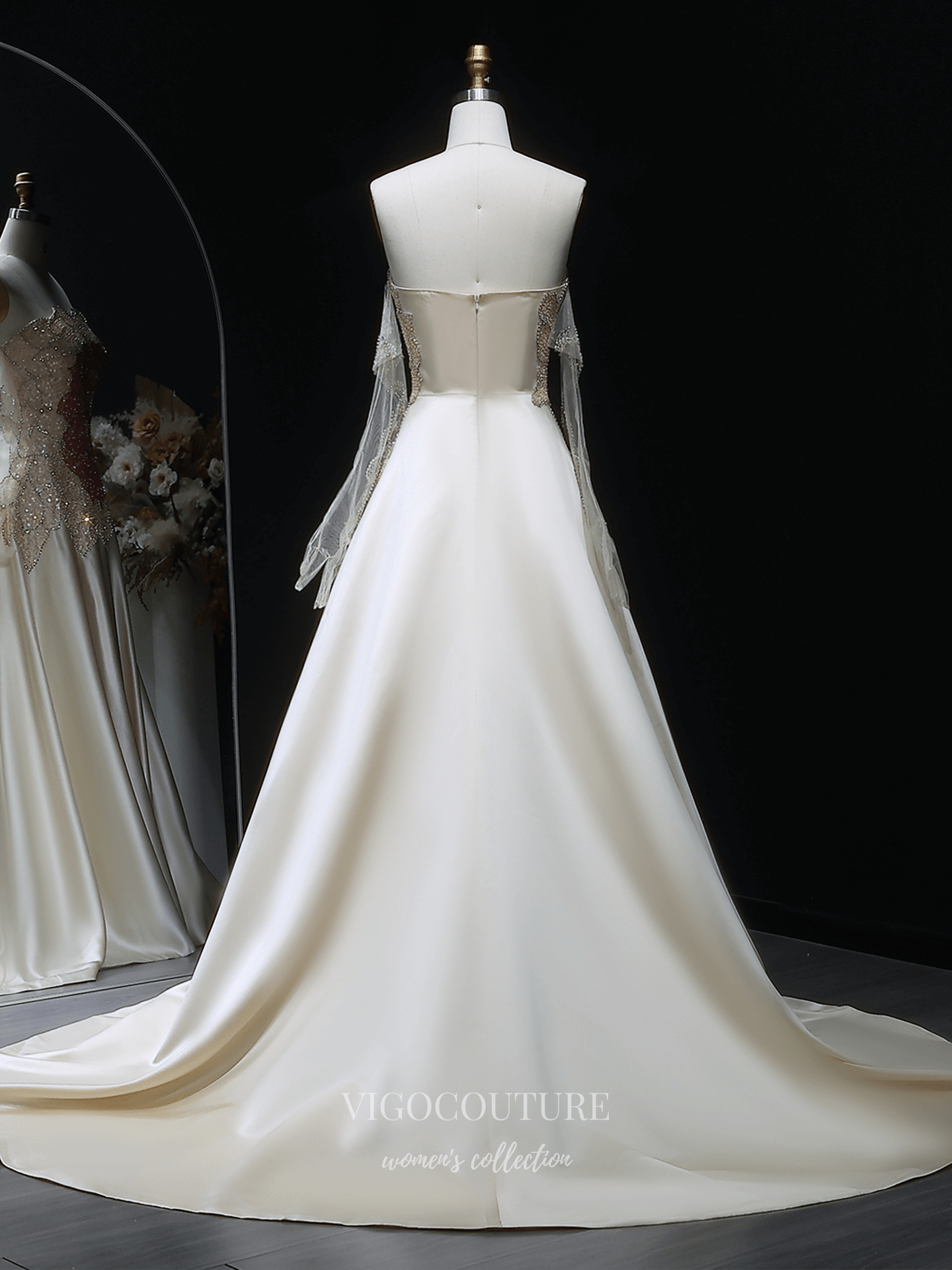 Prom Dresses 2025 to impress Ivory Strapless Evening Gown with Sheer Beaded Long Sleeves, Butterfly Crystal Bodice & Satin A-Line Skirt – 26020-vigocouture-vigocouture