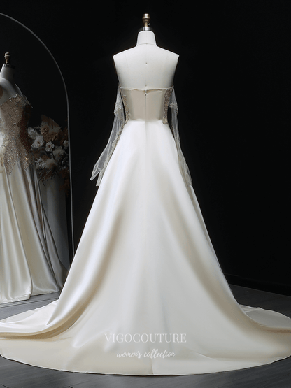 Prom Dresses 2025 to impress Ivory Strapless Evening Gown with Sheer Beaded Long Sleeves, Butterfly Crystal Bodice & Satin A-Line Skirt – 26020-vigocouture-vigocouture