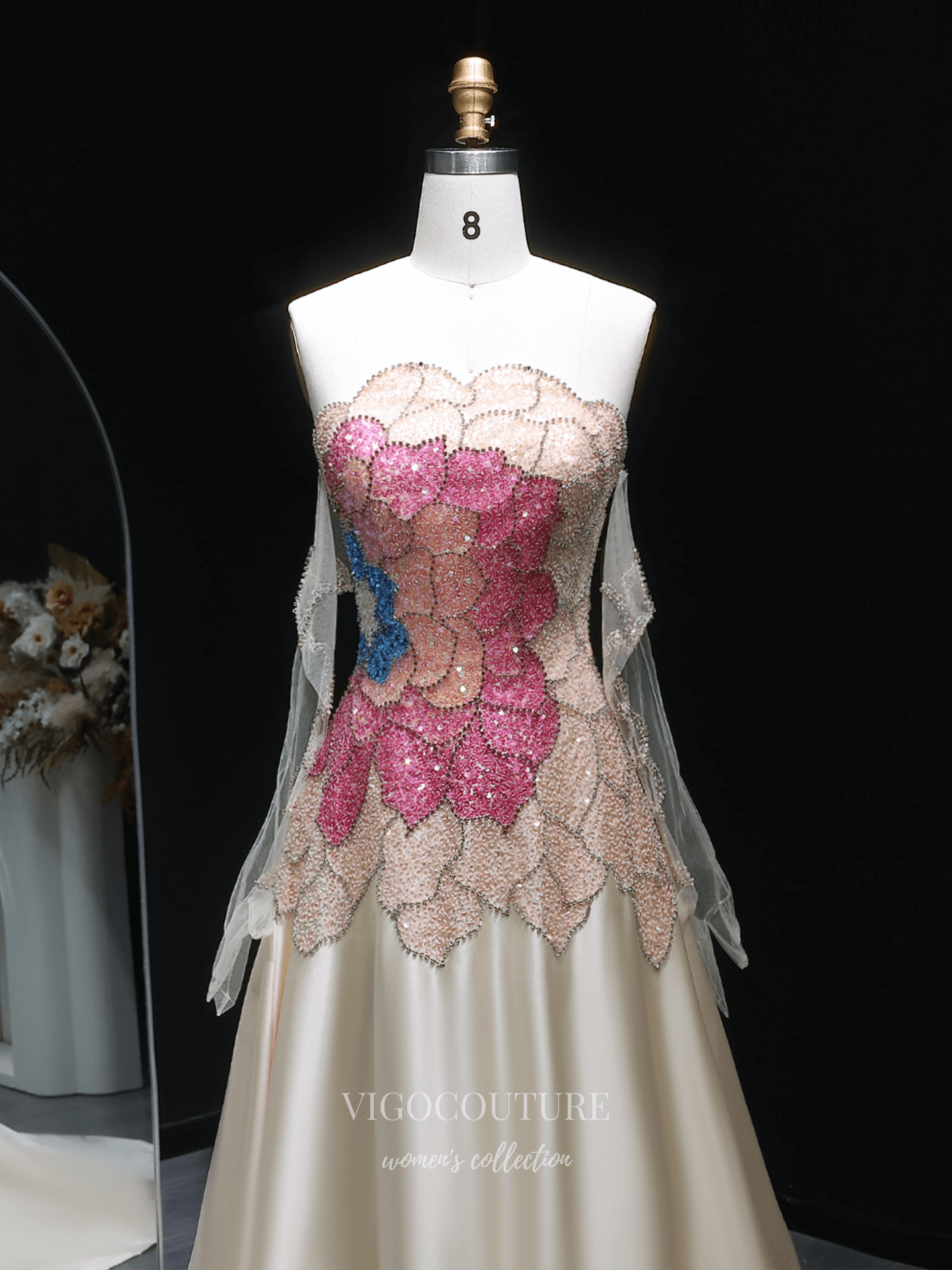 Prom Dresses 2025 to impress Ivory Strapless Evening Gown with Sheer Beaded Long Sleeves, Butterfly Crystal Bodice & Satin A-Line Skirt – 26020-vigocouture-vigocouture