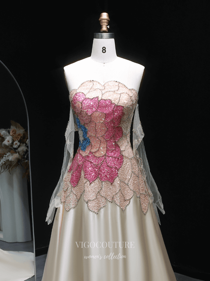 Prom Dresses 2025 to impress Ivory Strapless Evening Gown with Sheer Beaded Long Sleeves, Butterfly Crystal Bodice & Satin A-Line Skirt – 26020-vigocouture-vigocouture