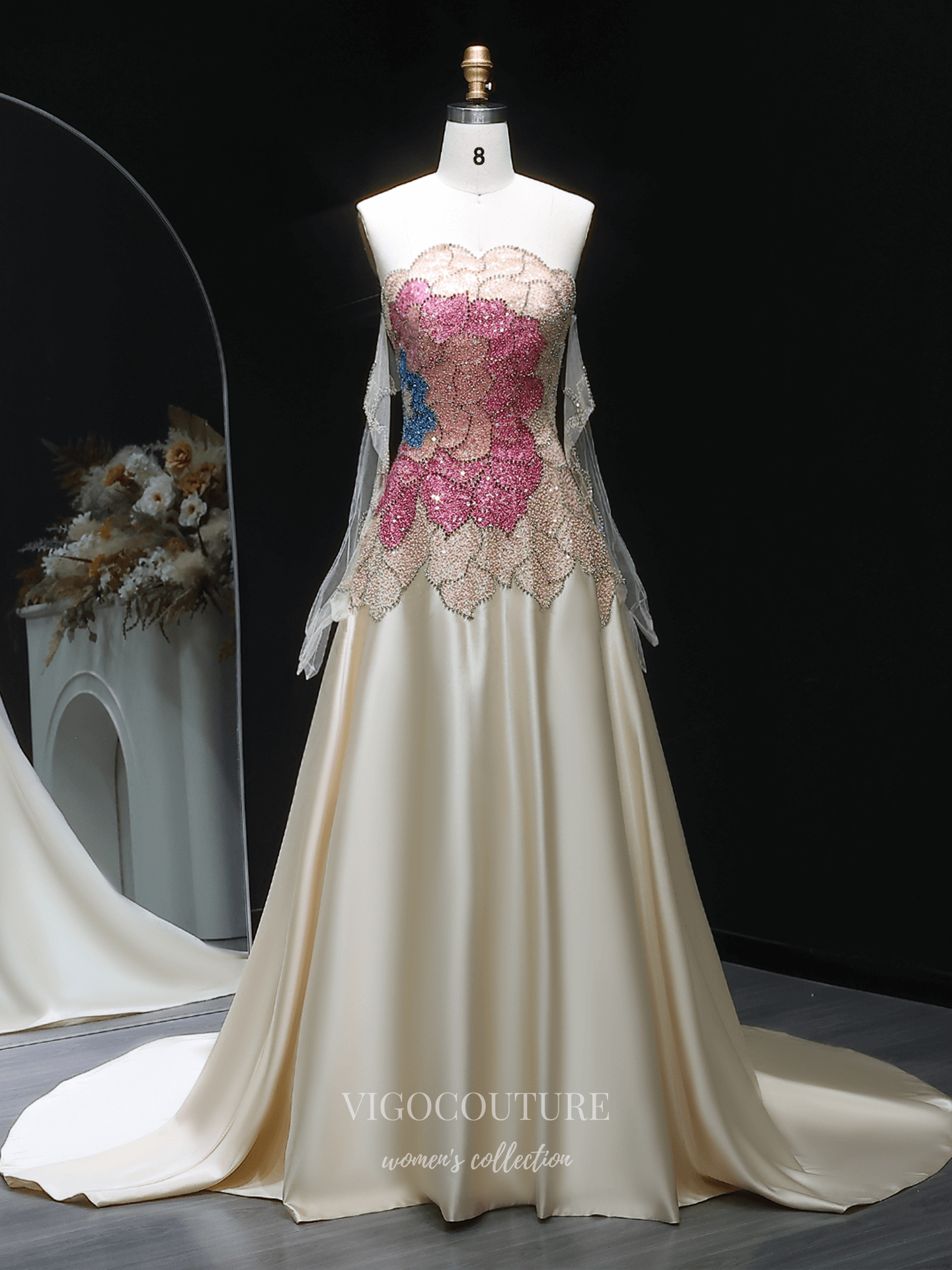 Prom Dresses 2025 to impress Ivory Strapless Evening Gown with Sheer Beaded Long Sleeves, Butterfly Crystal Bodice & Satin A-Line Skirt – 26020-vigocouture-vigocouture