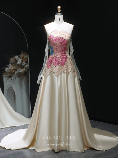 Prom Dresses 2025 to impress Ivory Strapless Evening Gown with Sheer Beaded Long Sleeves, Butterfly Crystal Bodice & Satin A-Line Skirt – 26020-vigocouture-vigocouture