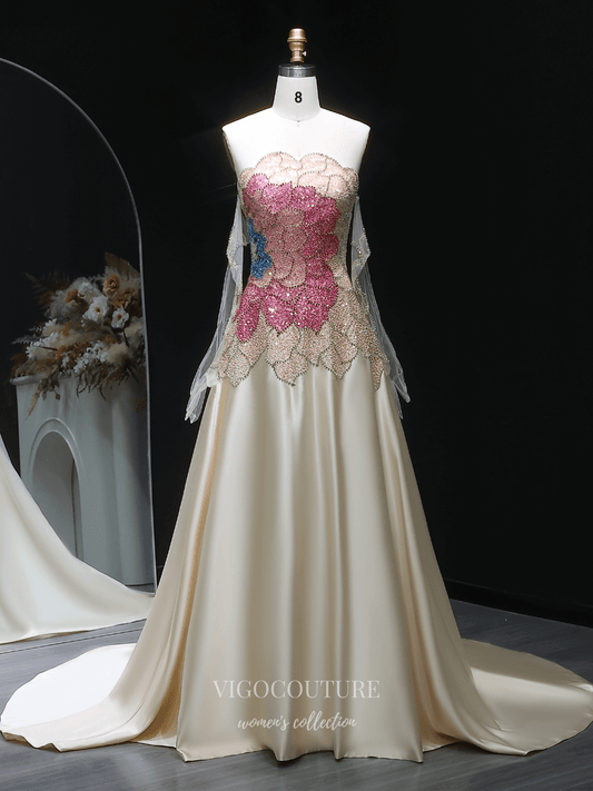 Prom Dresses 2025 to impress Ivory Strapless Evening Gown with Sheer Beaded Long Sleeves, Butterfly Crystal Bodice & Satin A-Line Skirt – 26020-vigocouture-vigocouture