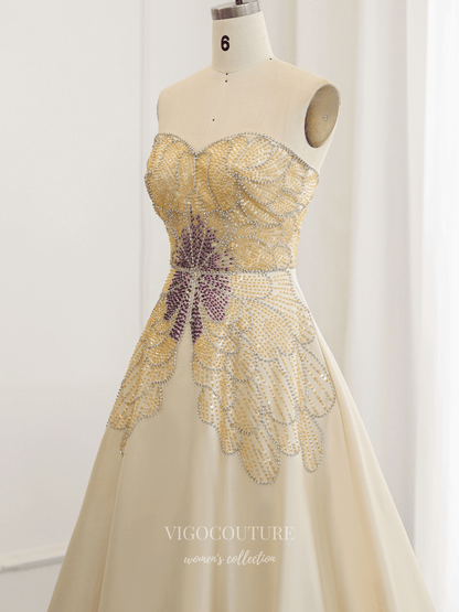Prom Dresses 2025 to impress Ivory Strapless Satin A-Line Evening Gown with Butterfly-Inspired Crystal Beaded Bodice – 26019-vigocouture-vigocouture