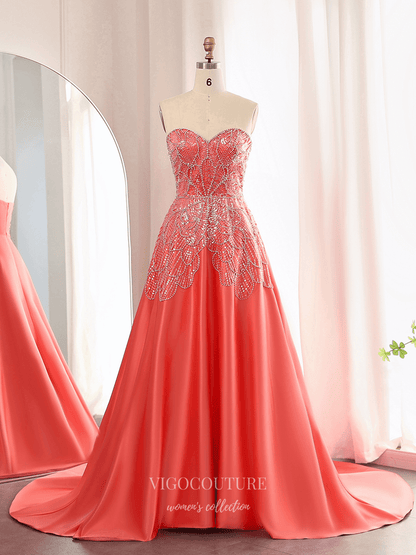 Prom Dresses 2025 to impress Ivory Strapless Satin A-Line Evening Gown with Butterfly-Inspired Crystal Beaded Bodice – 26019-vigocouture-Watermelon Red-US2-vigocouture